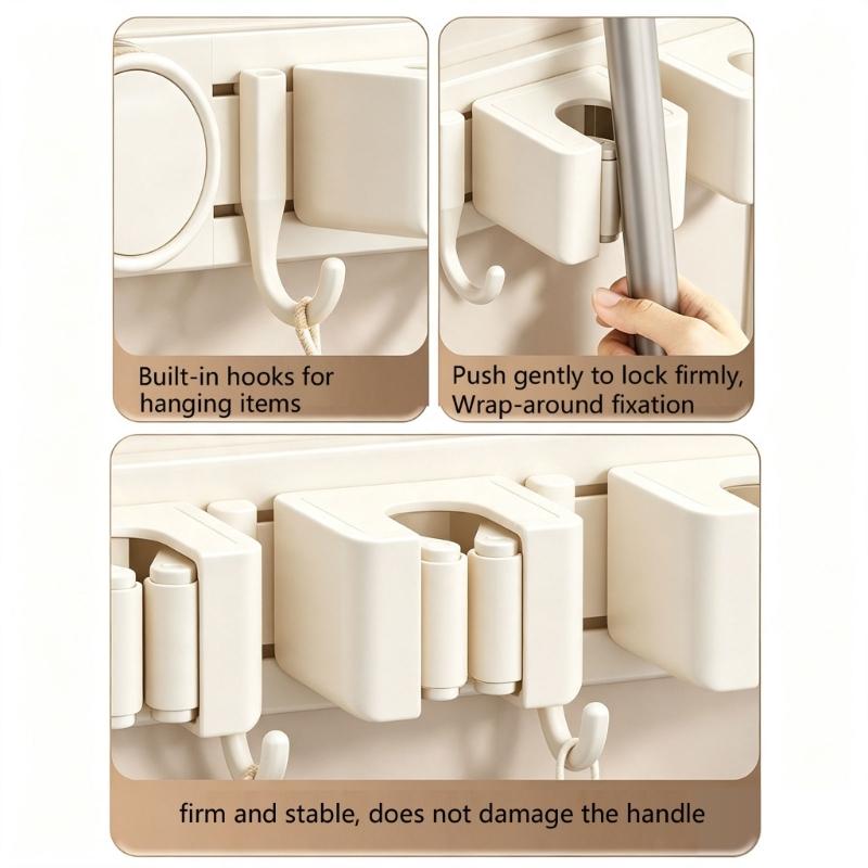 Sliding Rail Cleaning Tool Holder, Wall-Mounted Suction Rack with Integrated Hanging Feature for Mops, Glass and Smooth Tile