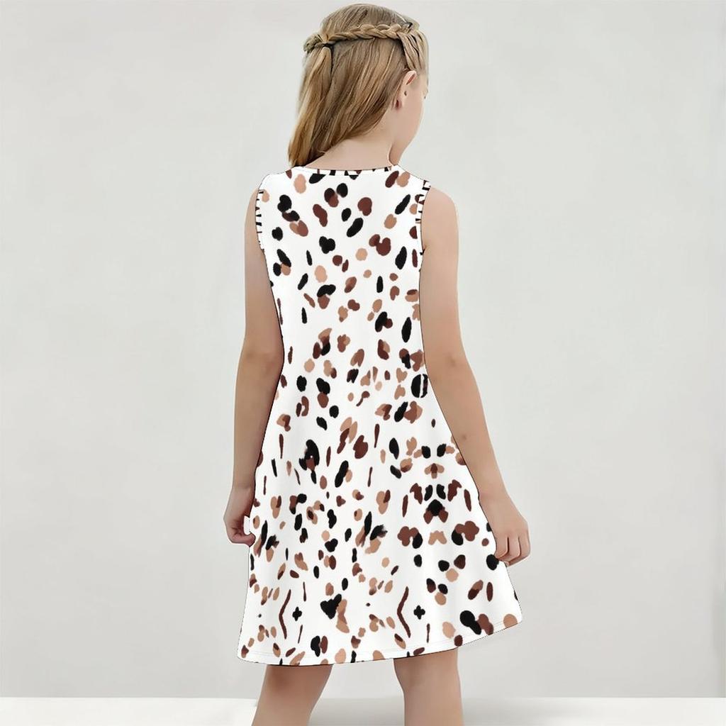 Girls Round Neck Sleeveless Printed A Line Flared Hem Dress