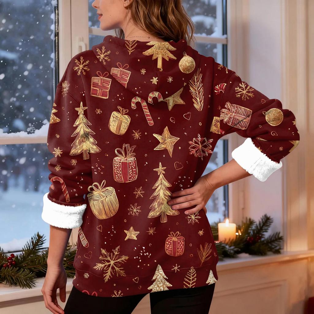 Women's Fashion Casual Long Sleeve Christmas Printed Hooded Sweatshirt