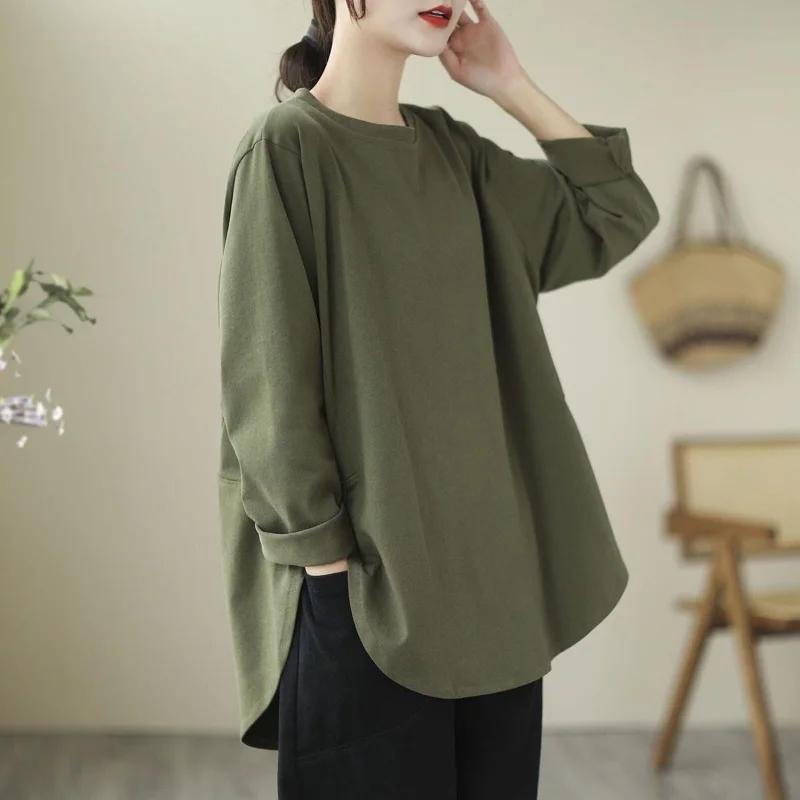 Spring and Autumn New Loose Slim Solid Color Base Top Sweatshirt Pure Cotton Long-sleeved