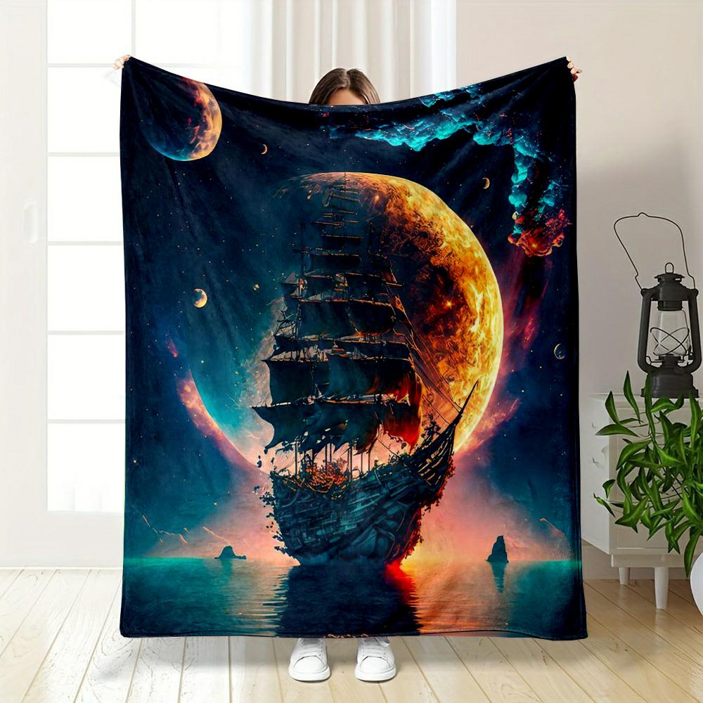 Sailing Ship Against Cosmic Moon Sky Patterned Flannel Blanket Perfect for the Bedroom Living Room, Sofa, or a Little Nap
