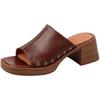 Fish mouth cool slippers women's medium heel 2025 summer new soft leather rivets fashion outer wear one-word drag thick heel muller shoes