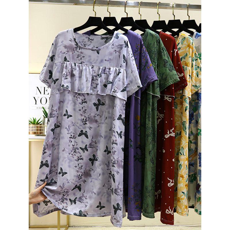 Bourette Short sleeve Dress Women Summer Thin Waist Hugging Home Dress Mid-Length A- line Skirt Artificial Cotton Loose Nightdress