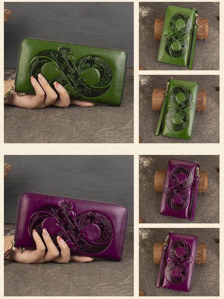 Johnature Vintage Women Long Wallets Genuine Leather Embossed Wallet Card Holder Real Cowhide Large Capacity Hand Purse