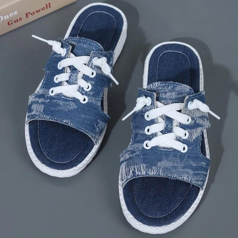 Fashion Women Canvas Sandals Breathable Summer Slippers Lace Up Open Toe Ladies Faux Denim Flat Shoes Zapatos Mujer