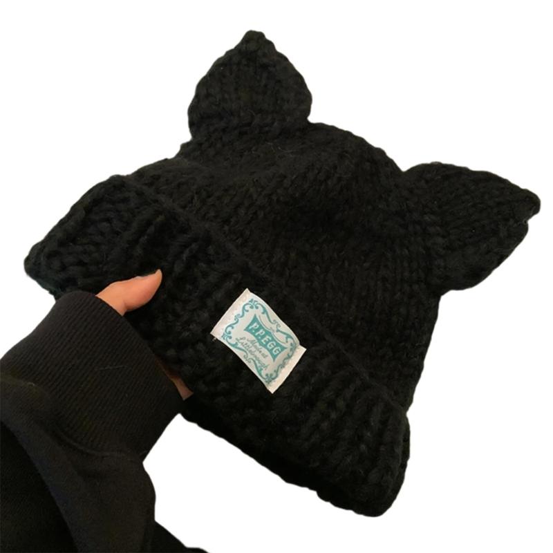 Women Winter Crochet Hat Cats Ear Knitted Hat for Girl Skiing Cycling Warm Winter Snow Hat for Christmas Present