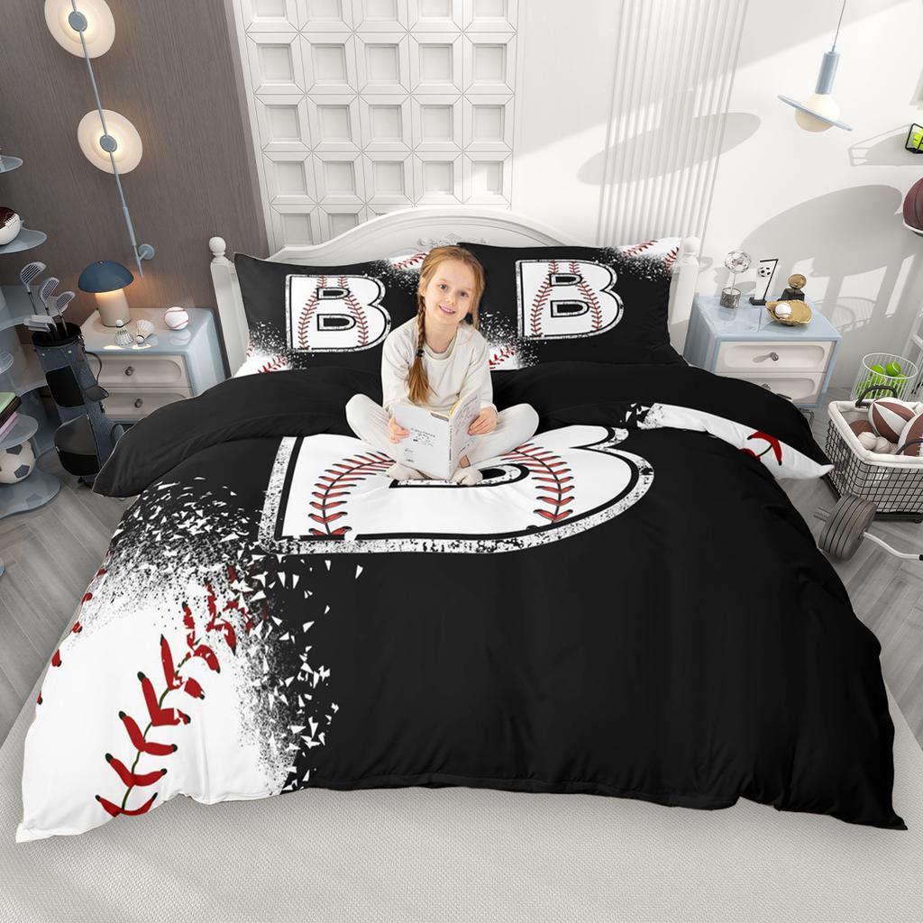 Homewish Kids Baseball Duvet Cover Set 2Pcs/3Pcs For Boys Girls Black White Bedding Set Black Reversible Quilt Cover Set