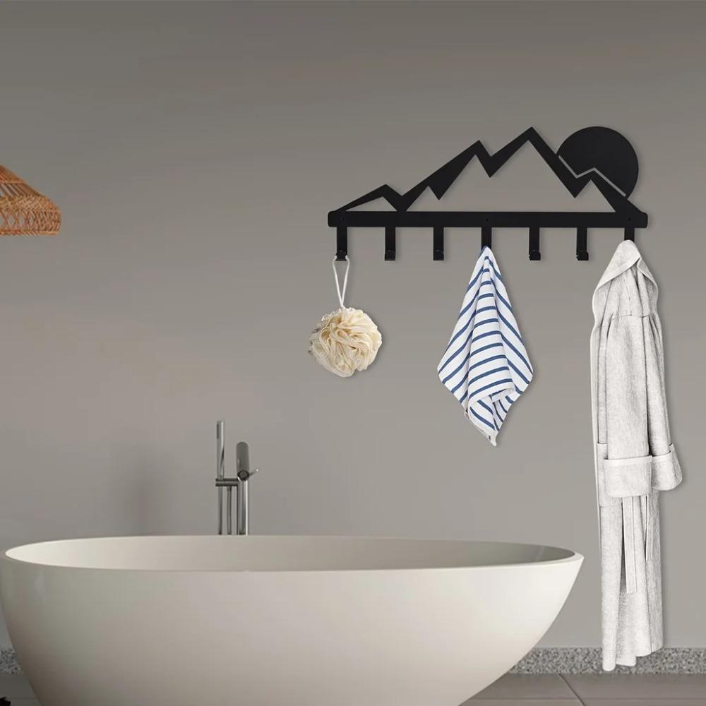 Mountain Metal Key Holder with 7 Hooks - Sunset Scenery Black Iron Wall Mounted Decorative Rack