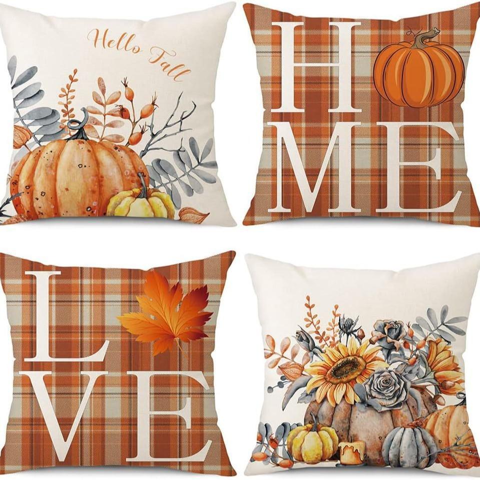 Autumn Harvest Pumpkin Letter Pillow Thanksgiving Flax Pillow Case Home Sofa Pillow Case