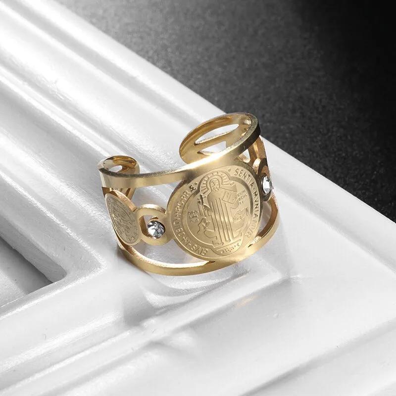 Retro Poseidon Compass Ring Silver-Plated Adjustable Hexagram Opening Jewelry Gift for Men and Women Hip-Hop Trend