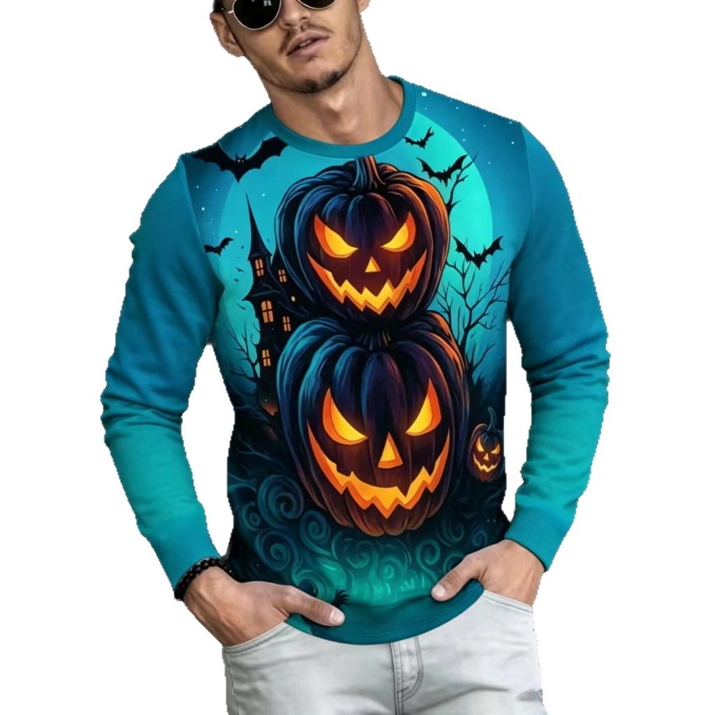 Autumn and Winter Men's Halloween Pumpkin 3D Printed Crew Neck Long Sleeve T-Shirt