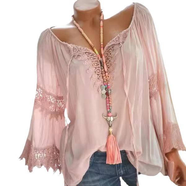 Ladies Summer Flare Sleeve Solid Color Lacework Pullover Shirt Top