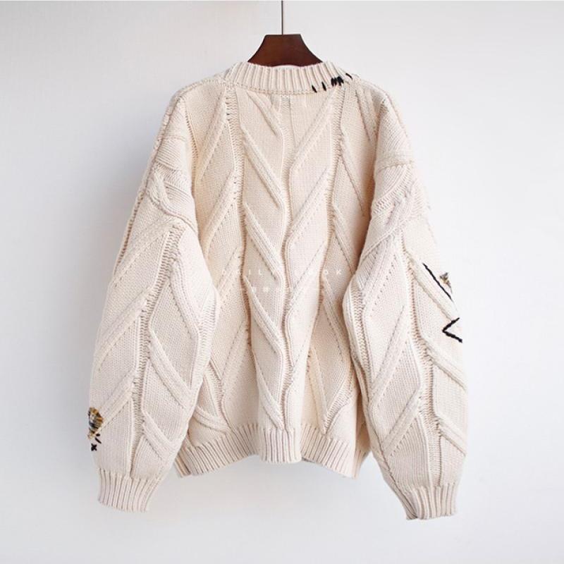 Women's Deep V-Neck Button Down Embroidery Wool Blend Sweater Coat Outwear Embroidered Lazy Style Loose Fit Knitwear with Letter Design