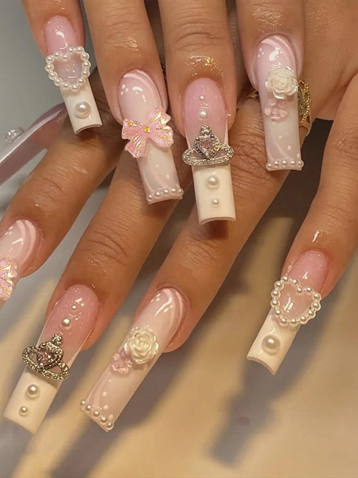 

Очень длинный носимый ноготь для нейл-арта, розовый нейл-арт в форме сердца, белая ногтевая пластина «Камелия»