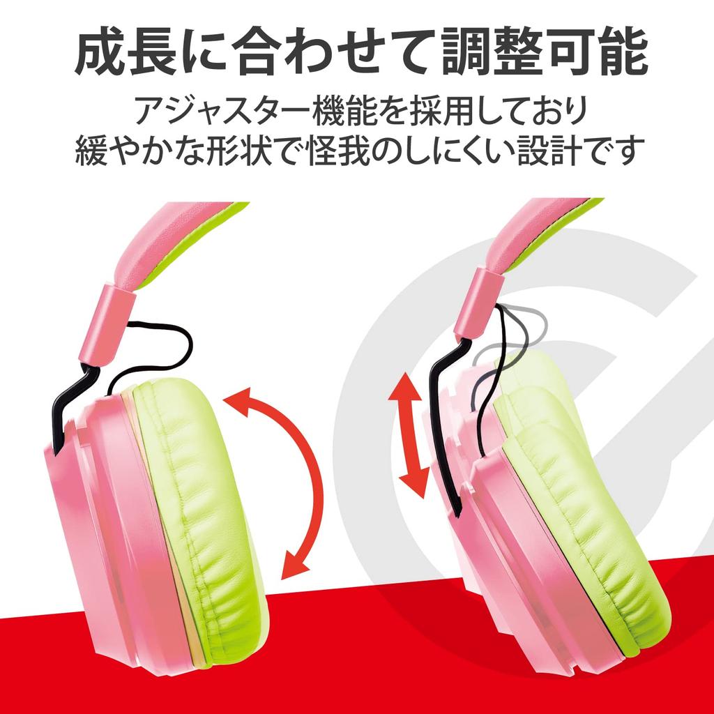 ELECOM Low with Rotating Microphone Pink X Children's Headset, Volume, Foldable, 3.5mm Connection, 4-Pole, Arm, Binaural, Green, HS-KDGM01TPN