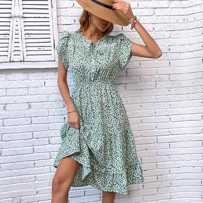 2025 Summer New Women's Fashion Green Print Dress