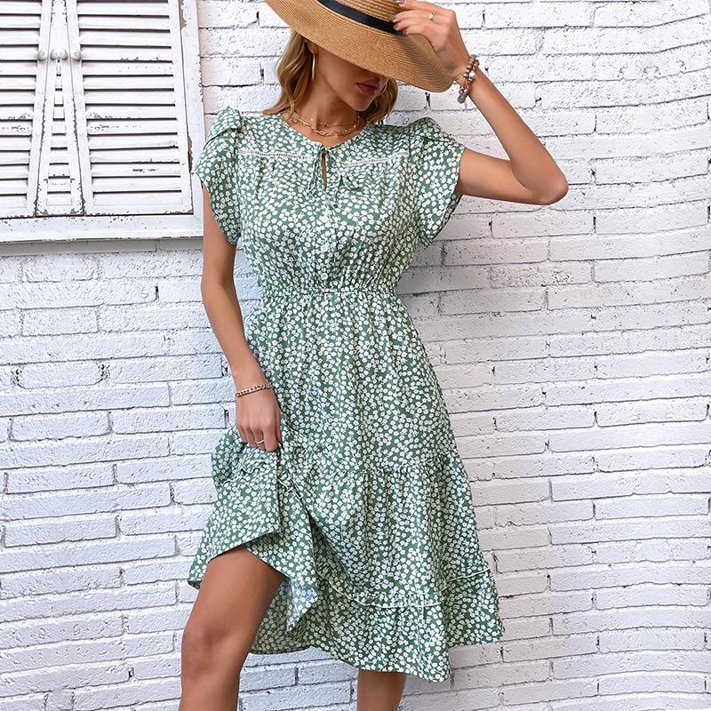 

2025 summer new women s fashion green print dress S зелёный