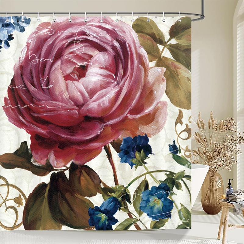 1 Pcs Retro Big Flowers Pattern Polyester Shower Curtain Partition Floral Bathroom Curtain with Hooks Home Decorative Curtain