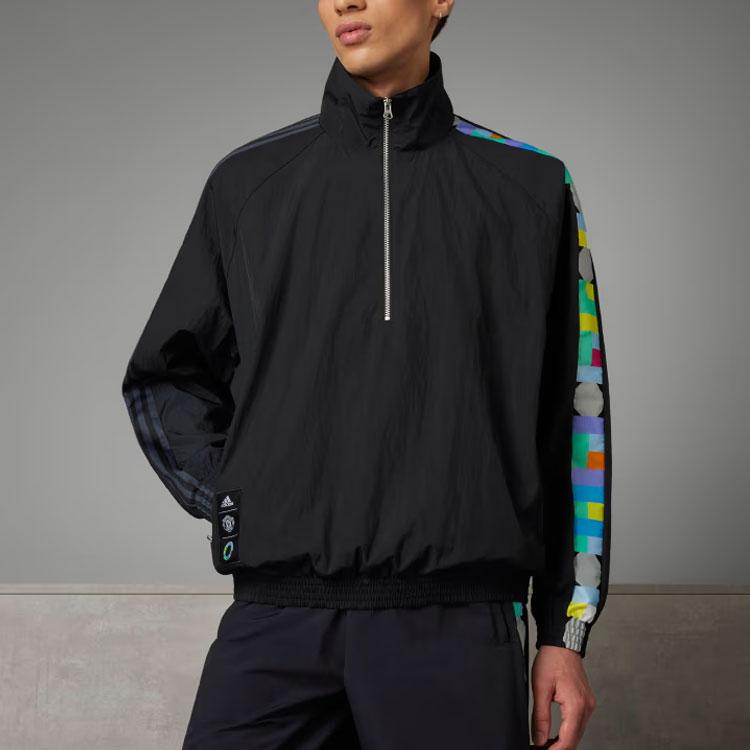 adidas Manchester United Peter Saville Fantasia Geometrica Stampata Color Block Collo Alto Manica Lunga Giacca Uomo Giacca Nera HY4739