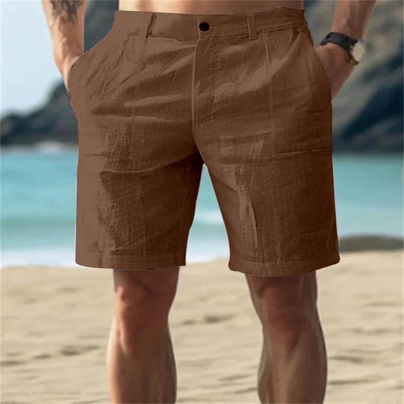 Herren Sommer Neu Leinen Strand Atmungsaktiv Gerade Lässige Shorts Einfarbig Locker Urlaubsstil Fünf-Punkte-Hose