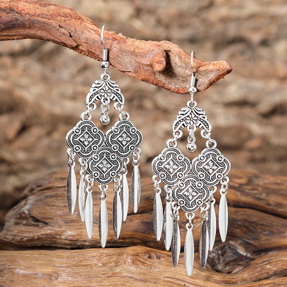 Ethnic Vintage Silver Color Temperament Drop Earrings for Women Creative Geometric Tassel Earrings Female Vacation Jewelry