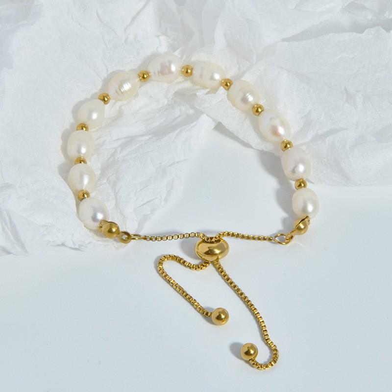 18K Gold Plated Freshwater Pearl Adjustable Pull-Through Bracelet Women Lightweight Luxury Handmade Beaded Jewelry