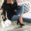 Women Bow Hollow Out Long Sleeve Warm Sweater Pullover Knitting Loose O-Neck Tops Blouse Knitwear