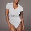 2025 Summer European & American Women's Cotton Ribbed Polo Neck Slim-Fit Short-Sleeve Jumpsuit
