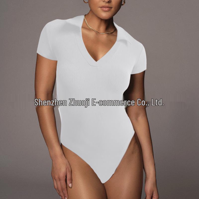 2025 Summer European & American Women's Cotton Ribbed Polo Neck Slim-Fit Short-Sleeve Jumpsuit