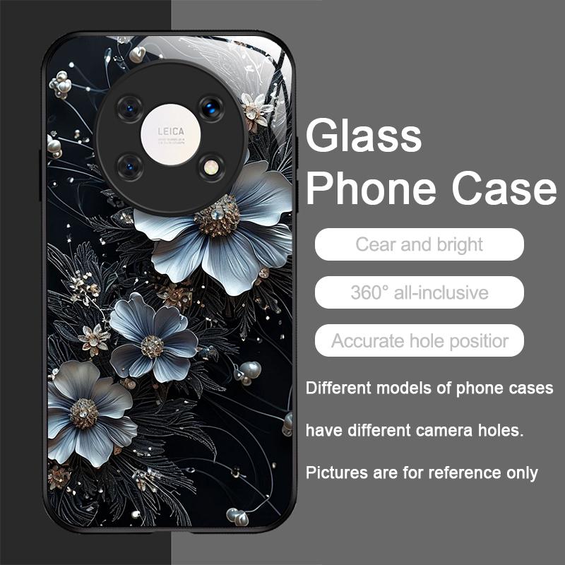 Vintage Floral Stylish Lotus Flower Tempered Glass Phone Case for Huawei Nova 13 12 SE 11 10 Pro Mate 40 30 P60 P50 P40 5G Cover