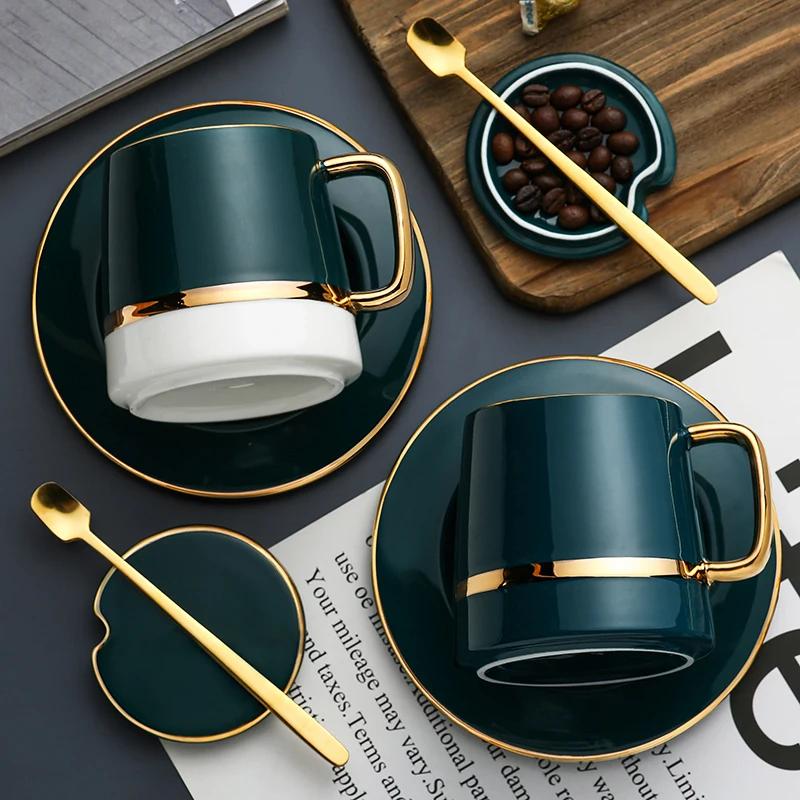 Simple Modern Ceramic Spoon Set Gold Metal Tea Cup Vintage Reusable Tazas De Cafe Drinkware Coffee