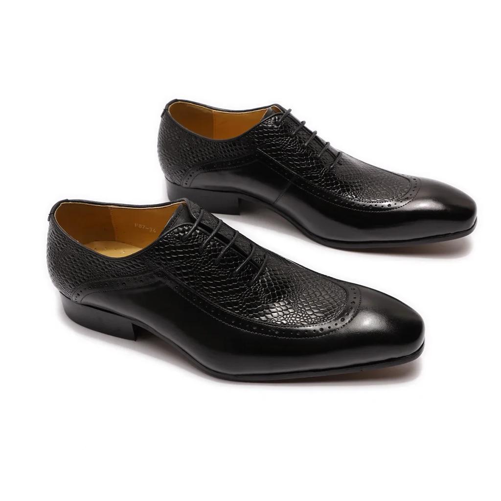 Fashion Men's Genuine Leather Pointed Toe Dress Shoes Lace-Up Formal Business Oxford In Black/Brown Luxury Elegant Footwear