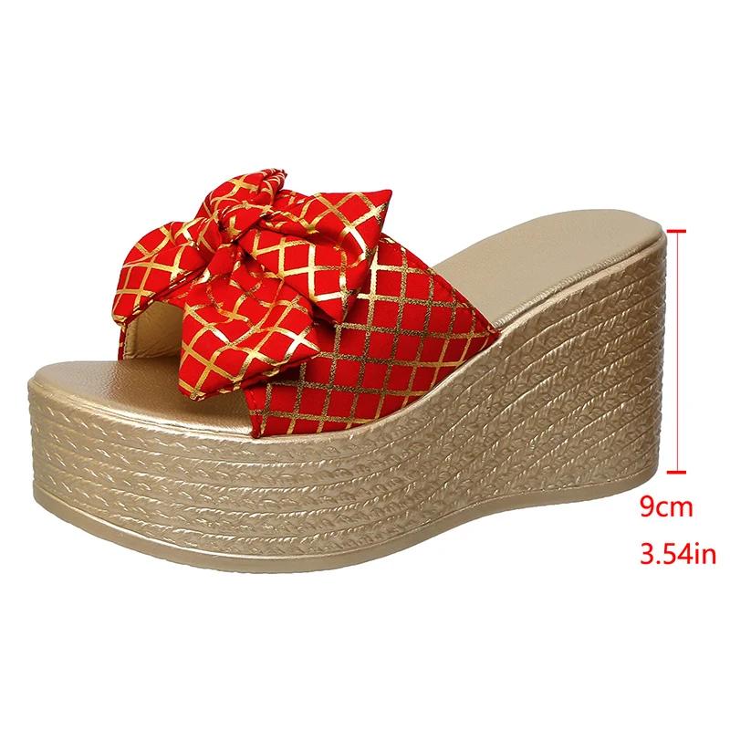 Fashion Bowknot Decor Chunky Platform Sandals Women Fashion Plaid Pattern Wedge Heel Sandals Woman Summer Thick Bottom Beach Slippers