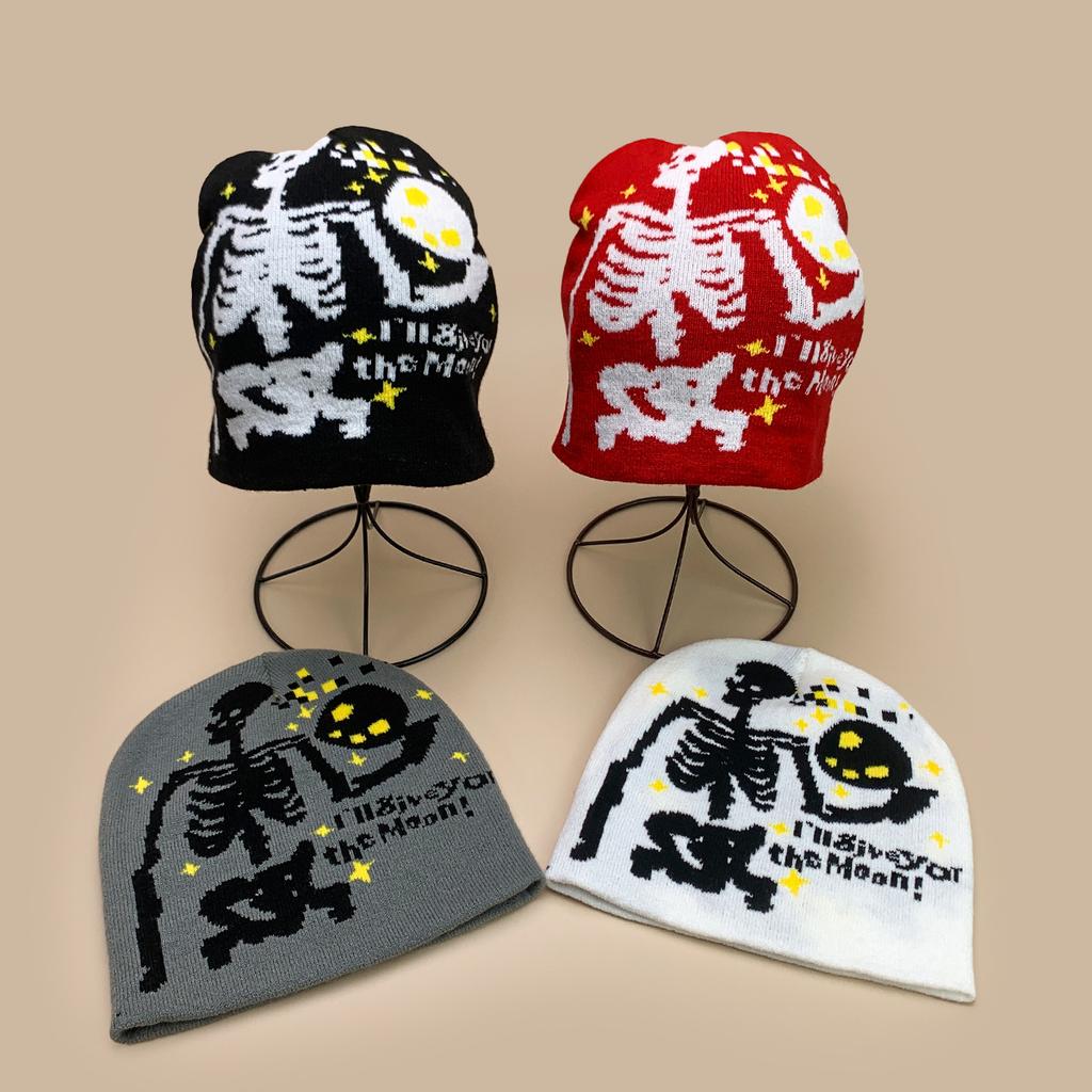 Halloween Skull Moon Jacquard Knit Hat Men And Women Warm Spoof Hip Hop Personality Cold Hat Pullover Hat