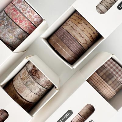 8 Rolls Per Box Retro Themed Tape Set Flowers and Checkered Patterns DIY Scrapbook Journal Decoration Student Gift Tape
