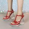 New Women's 12CM Transparent Thick Heel Sandals, Sexy Crystal Square Head, Non-slip Wedding Shoes, Fashion Car Model Style Party Sandals