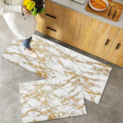 Luxury White and Gold Marble Kitchen Mat Soft Thickened Kitchen Floor Mat Waterproof Non-slip Oil-proof Floor Mat Runner Rug for Kitchen