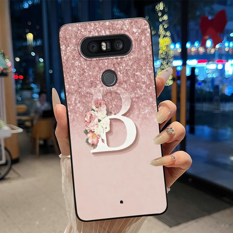 

Phone Case For LG Q8 Soft Silicone Black Case Pink Shiny Starry Sky Pretty A To Z Letter With Flower Couple Casing LG Q8