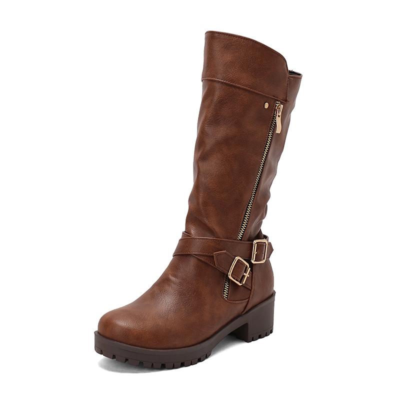 Übergröße Reißverschluss Knöchel Überkreuzt Doppelreihige Gürtelschnalle Rutschfeste Gummi Dicker Absatz Damen Wadenhohe Stiefel Knöchelschaft Westernstiefel