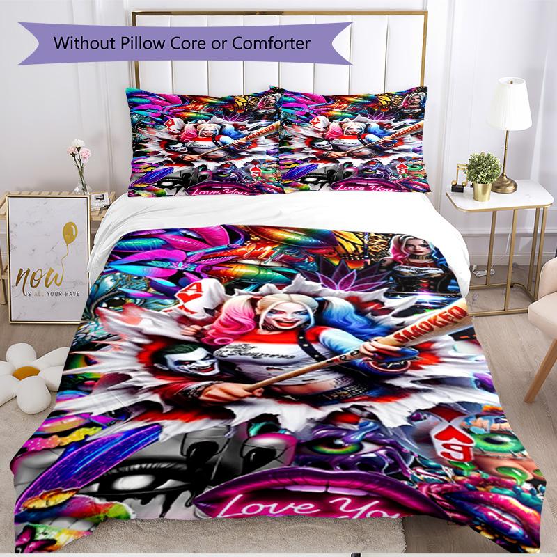 3pcs Duvet Cover Set (1*Duvet Cover + 2*Pillowcase, Without Core), Harley Quinn Joker Print Soft All‑Season Bedding Set, Home Bedroom Decor Gift
