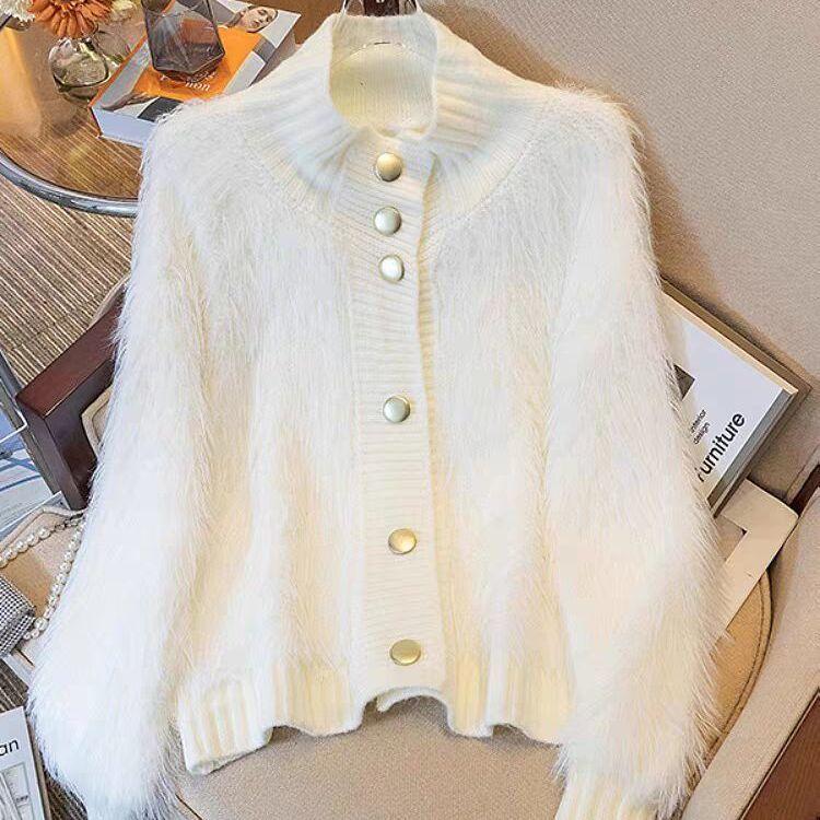 

Autumn and Winter Women Fur Faux Knitted Cardigan Sweater Jacket Korean Style Women s Sweaters Women s Clothes Knitwear V-Neck Knit XXL белый