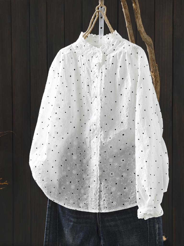 Women's Spring 2026 Polka Dot Lace Collar Cotton Shirt with Embroidered Jacquard Design