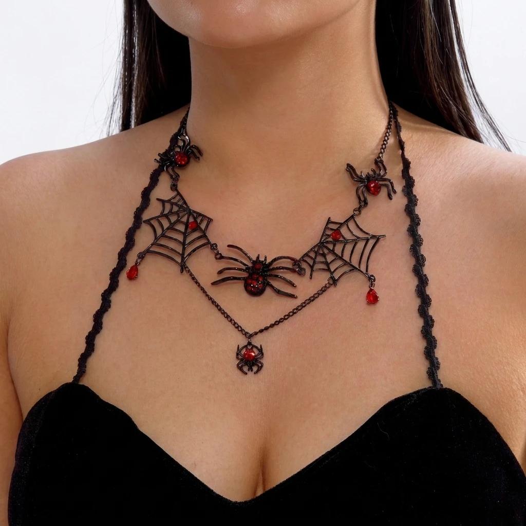 Exaggerated Hollow Spider Web Necklace Earrings Set for Women Halloween Red Rhinestone Dangle Earrings Chain Party Jewelry Gift