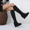 Wildleder Schwarz Damen Spitz zulaufende Keilstiefel Plateau Hoher Absatz Seitenreißverschluss Knielang Lange Stiefel Winter Modern Botas Mujer