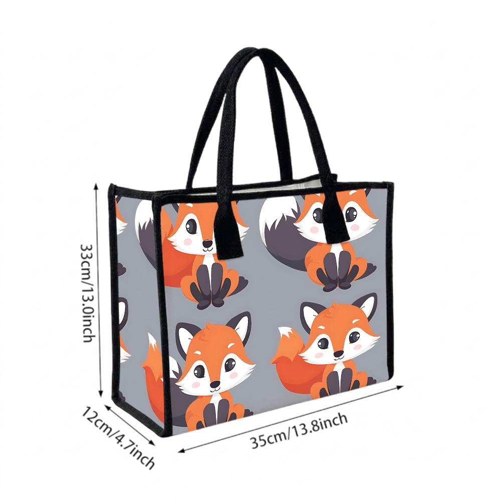 Cute Fox Print Canvas Tote Bag Casual Large Capacity Shopping Handbag