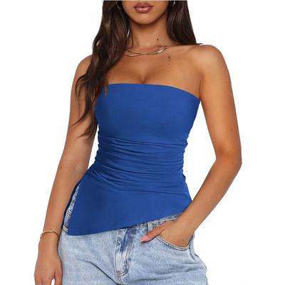 A New Summer Pleated Slit Strapless Sexy Top
