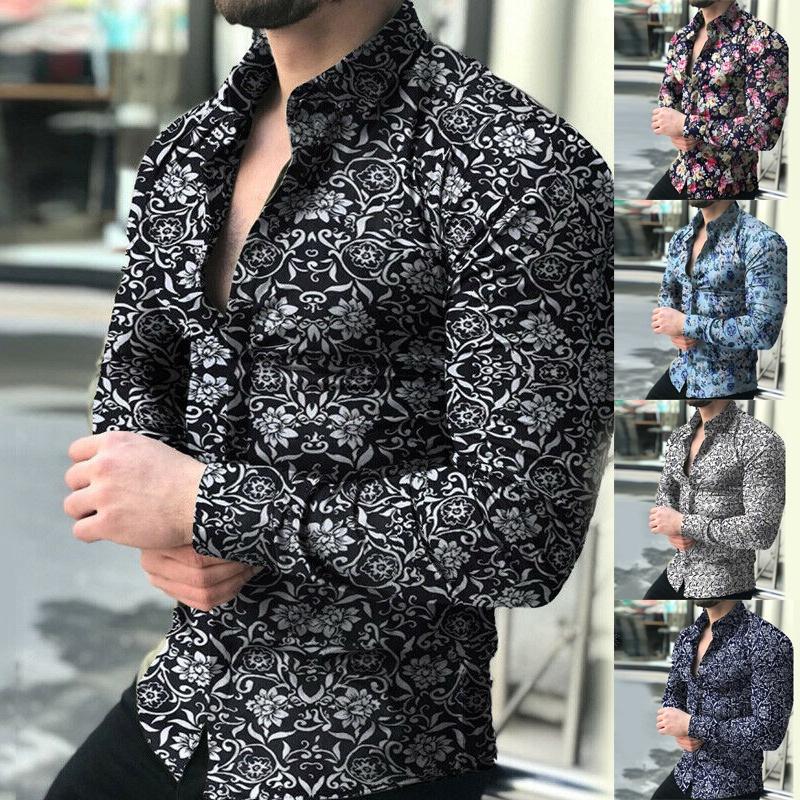 Stylish Men's Casual Long-sleeve Shirt With Trendy Floral Print And Slim Fit Design