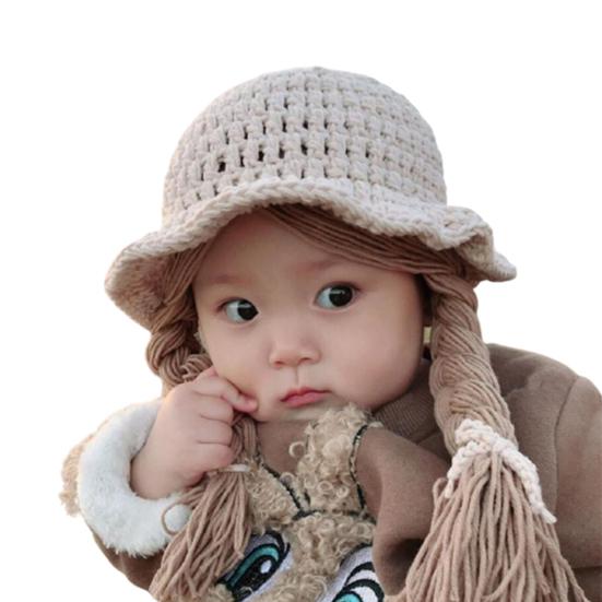 

Fashion Baby Girls Braided Wig Chin Strap Knitted Cap Bucket Hat Photo Prop бежевый