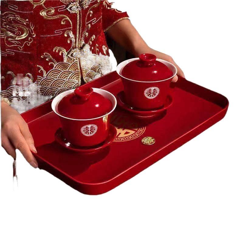 Red Wedding Tea Set: Complete Cups, Lid, Bowl & Chopsticks Set for a Joyous Occasion