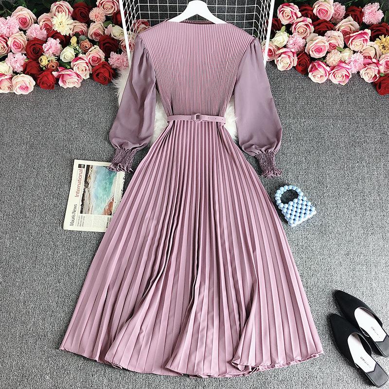 Spring Autumn Women Elegant Long Sleeve A-line Dress Office Lady High Waist Solid Pleated Dress
